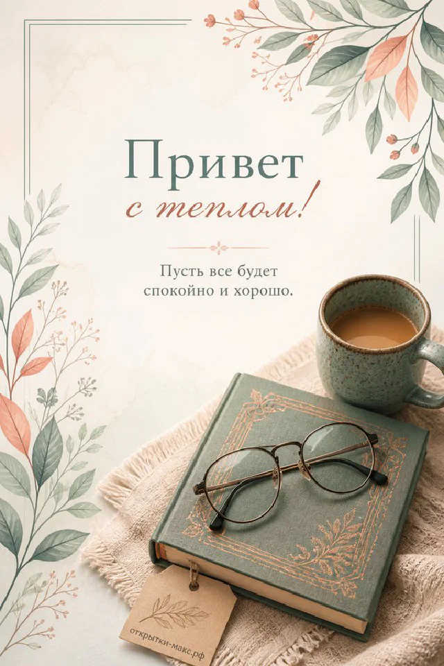 Чашка кофе с ленточкой у окна, открытка с надписью «Привет с теплом» — вариант 6