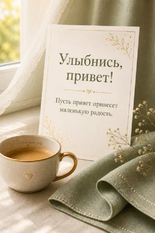 Светлая открытка с золотой чашкой кофе и гипсофилой у солнечного окна с надписью Улыбнись привет