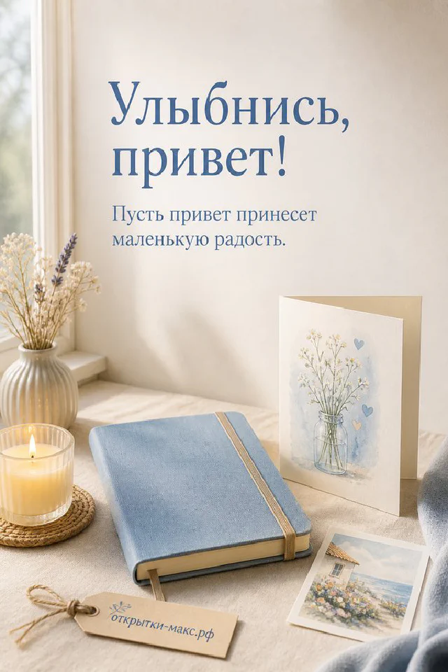 Светлая открытка с золотой чашкой кофе и гипсофилой у солнечного окна с надписью Улыбнись привет — вариант 3