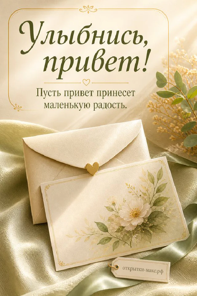 Светлая открытка с золотой чашкой кофе и гипсофилой у солнечного окна с надписью Улыбнись привет — вариант 4