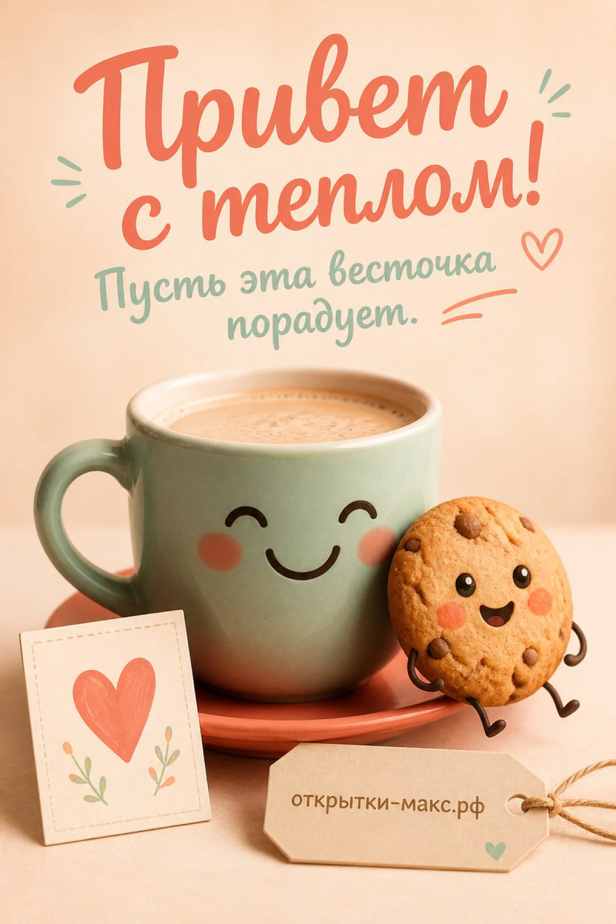 Мятная кружка кофе с мультяшным лицом и улыбающееся печенье, надпись «Привет с теплом»