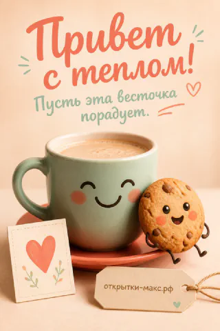 Мятная кружка кофе с мультяшным лицом и улыбающееся печенье, надпись «Привет с теплом»