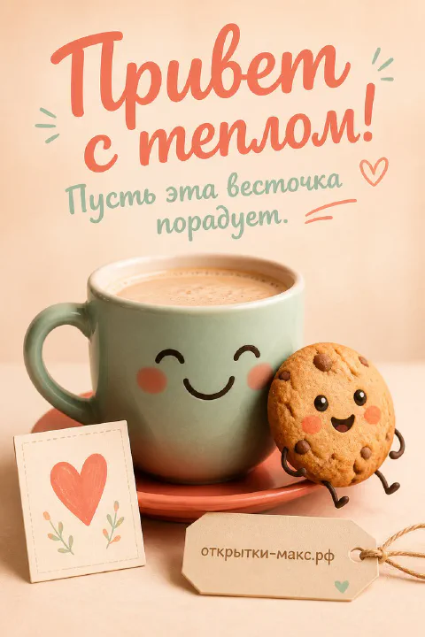 Мятная кружка кофе с мультяшным лицом и улыбающееся печенье, надпись «Привет с теплом»
