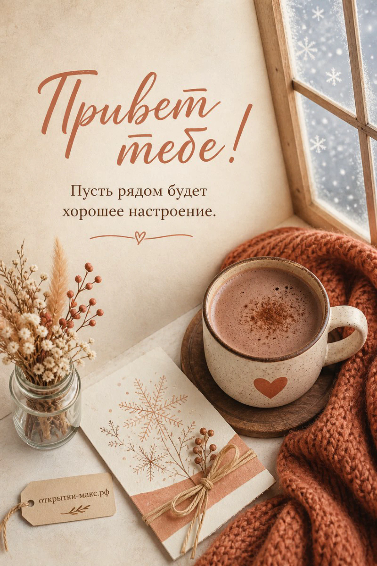 Кружка какао с сердечком, рыжий плед и заснеженное окно, надпись «Привет тебе»