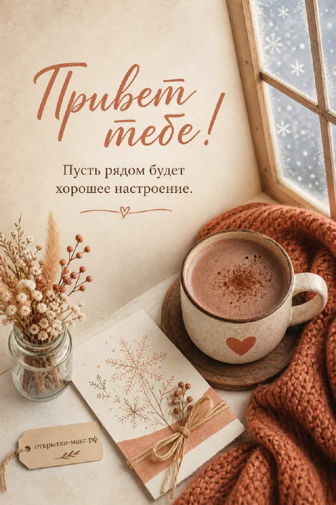 Кружка какао с сердечком, рыжий плед и заснеженное окно, надпись «Привет тебе»