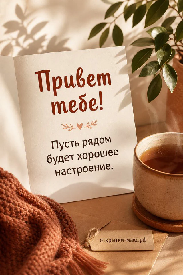 Кружка какао с сердечком, рыжий плед и заснеженное окно, надпись «Привет тебе» — вариант 3
