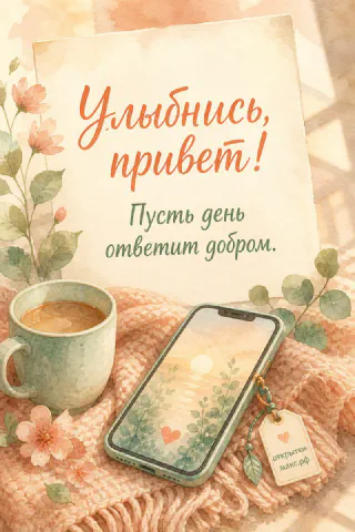 Открытка с чашкой кофе, телефоном на розовом пледе и надписью Улыбнись привет