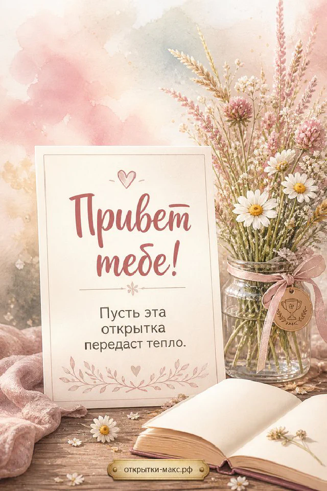 Чашка чая на подносе рядом с зелёным конвертом и карточкой Привет тебе среди гипсофилы — вариант 2