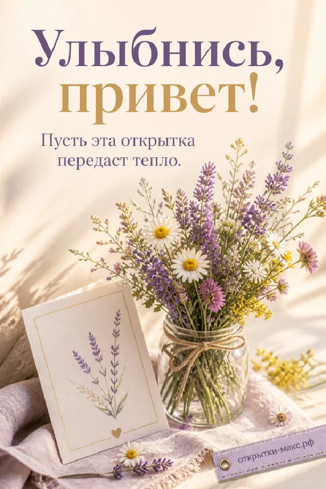 Открытка с зелёным конвертом из листьев свечой и мягким тёплым светом с надписью Улыбнись привет — вариант 2