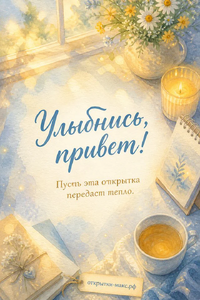 Открытка с зелёным конвертом из листьев свечой и мягким тёплым светом с надписью Улыбнись привет — вариант 5