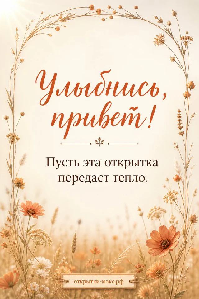 Открытка с зелёным конвертом из листьев свечой и мягким тёплым светом с надписью Улыбнись привет — вариант 6