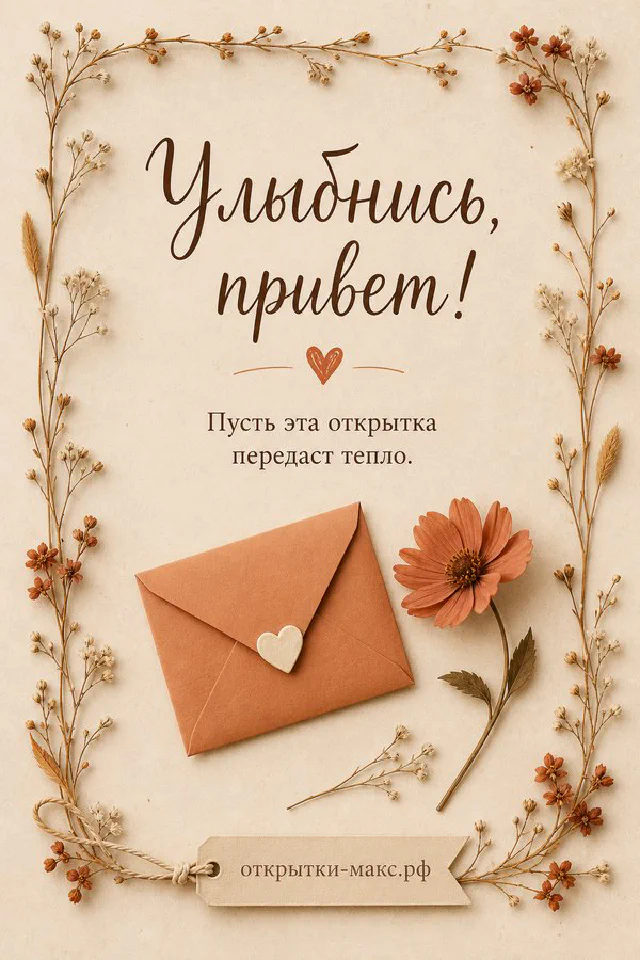 Открытка с зелёным конвертом из листьев свечой и мягким тёплым светом с надписью Улыбнись привет — вариант 7