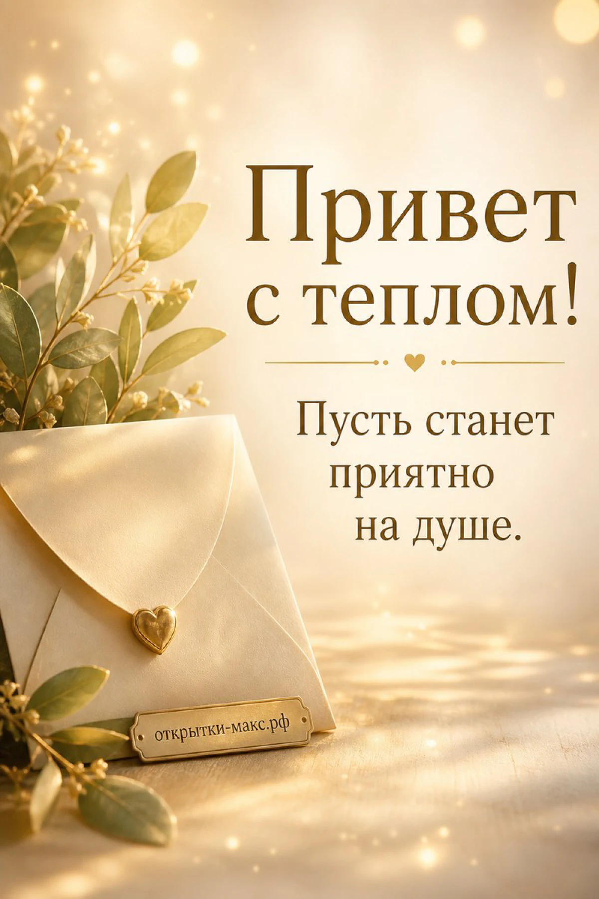 Золотой конверт с сердечком в окружении зелёных ветвей, открытка «Привет с теплом»