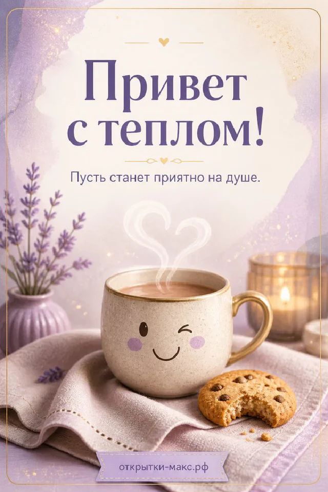 Золотой конверт с сердечком в окружении зелёных ветвей, открытка «Привет с теплом» — вариант 3
