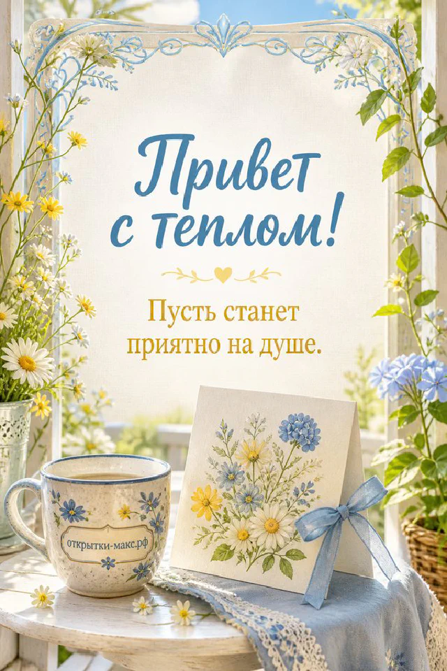 Золотой конверт с сердечком в окружении зелёных ветвей, открытка «Привет с теплом» — вариант 4