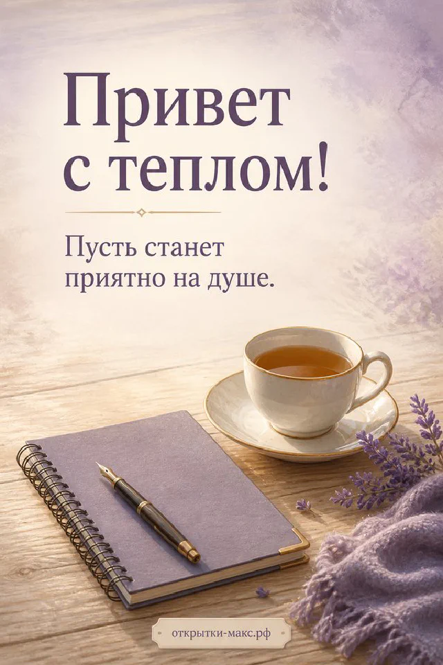 Золотой конверт с сердечком в окружении зелёных ветвей, открытка «Привет с теплом» — вариант 5