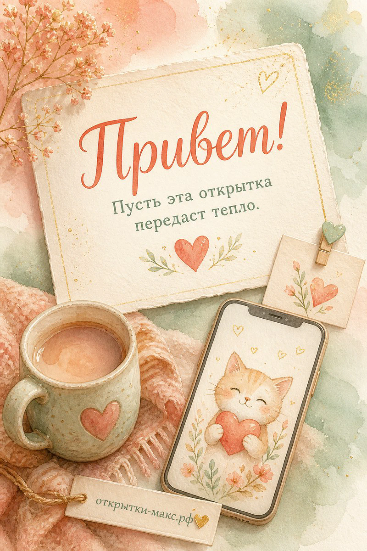 Акварельная открытка с текстом, кружка кофе с сердечком и телефон с рисунком котёнка на розовом пледе