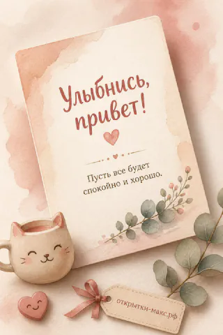 Акварельная открытка с котиком-чашкой кофе, веточкой эвкалипта и надписью Улыбнись привет