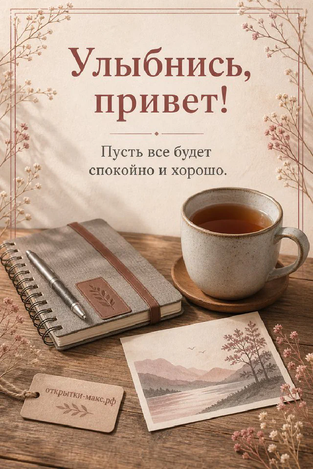 Акварельная открытка с котиком-чашкой кофе, веточкой эвкалипта и надписью Улыбнись привет — вариант 2