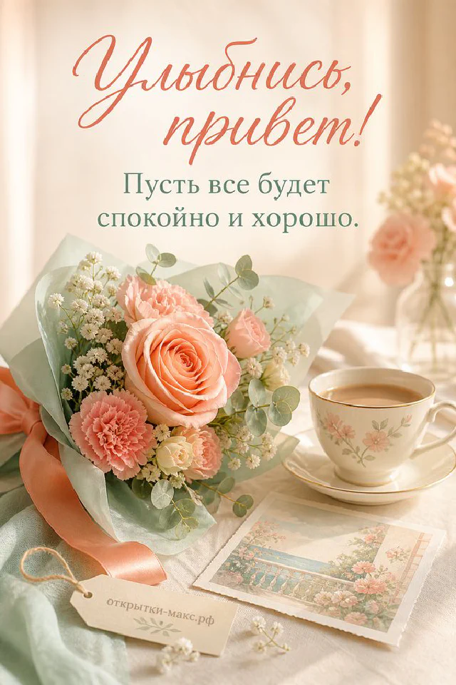 Акварельная открытка с котиком-чашкой кофе, веточкой эвкалипта и надписью Улыбнись привет — вариант 4