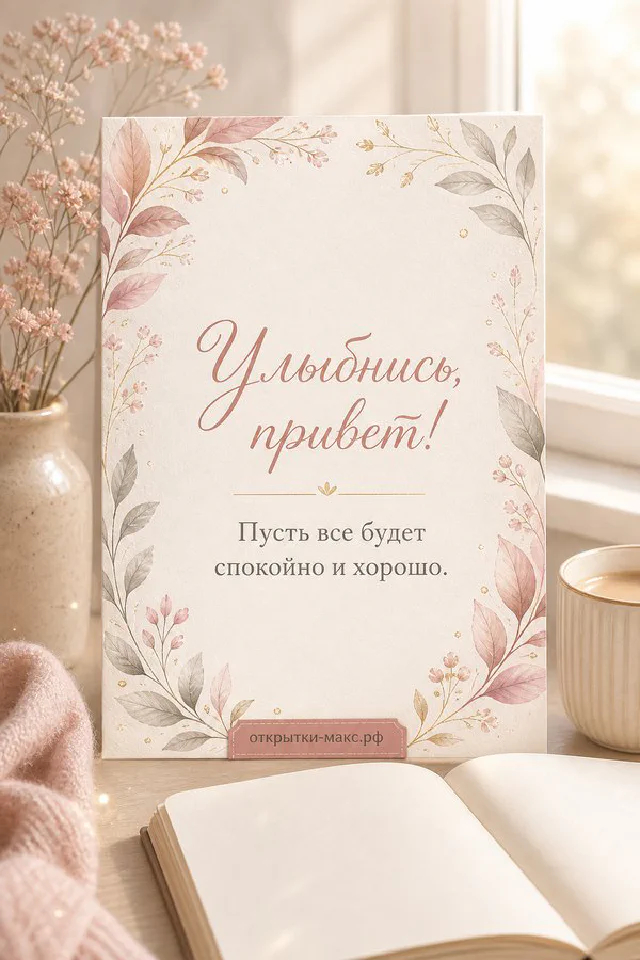 Акварельная открытка с котиком-чашкой кофе, веточкой эвкалипта и надписью Улыбнись привет — вариант 5