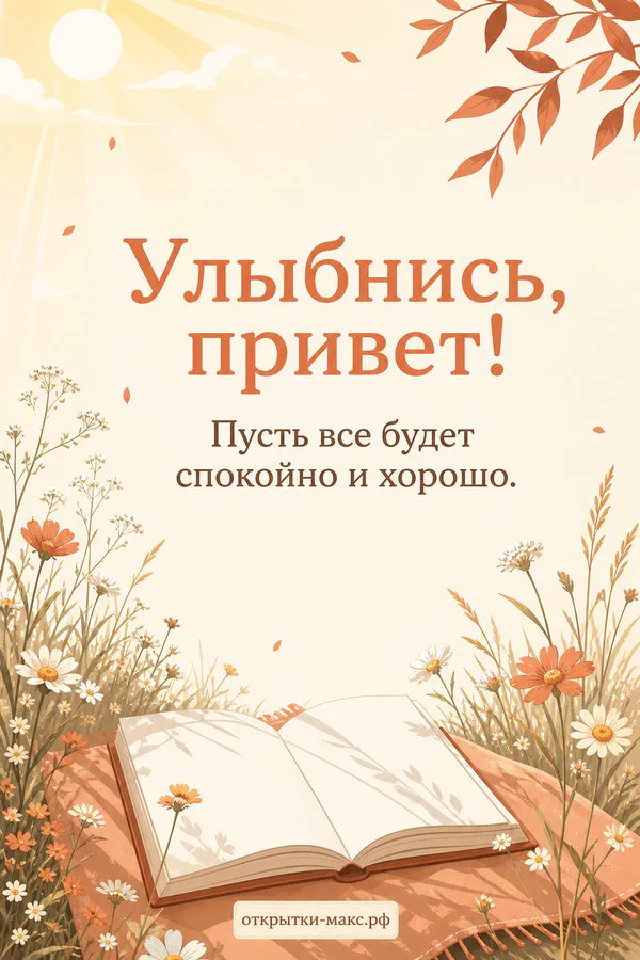Акварельная открытка с котиком-чашкой кофе, веточкой эвкалипта и надписью Улыбнись привет — вариант 6