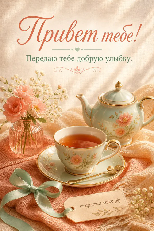 Лавандовая кружка кофе с улыбкой, печенье-сердечко и карточка с лавандой, надпись «Привет тебе» — вариант 4