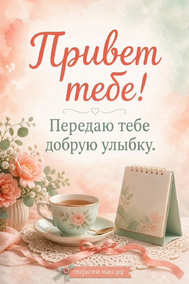 Лавандовая кружка кофе с улыбкой, печенье-сердечко и карточка с лавандой, надпись «Привет тебе» — вариант 6