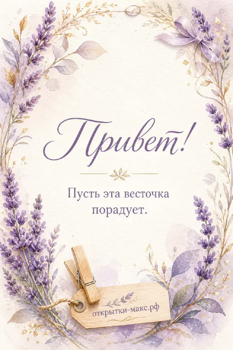 Вертикальная открытка «Привет» с акварельными ветками лаванды и золотыми орнаментами, деревянная прищепка и бирочка