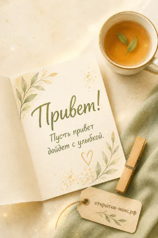Открытка с акварельными зелёными листьями и сердечком рядом с чашкой зелёного чая и деревянной прищепкой