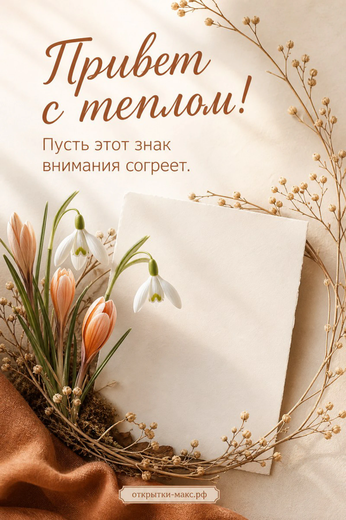 Подснежники и крокусы рядом с белой карточкой, открытка «Привет с теплом»