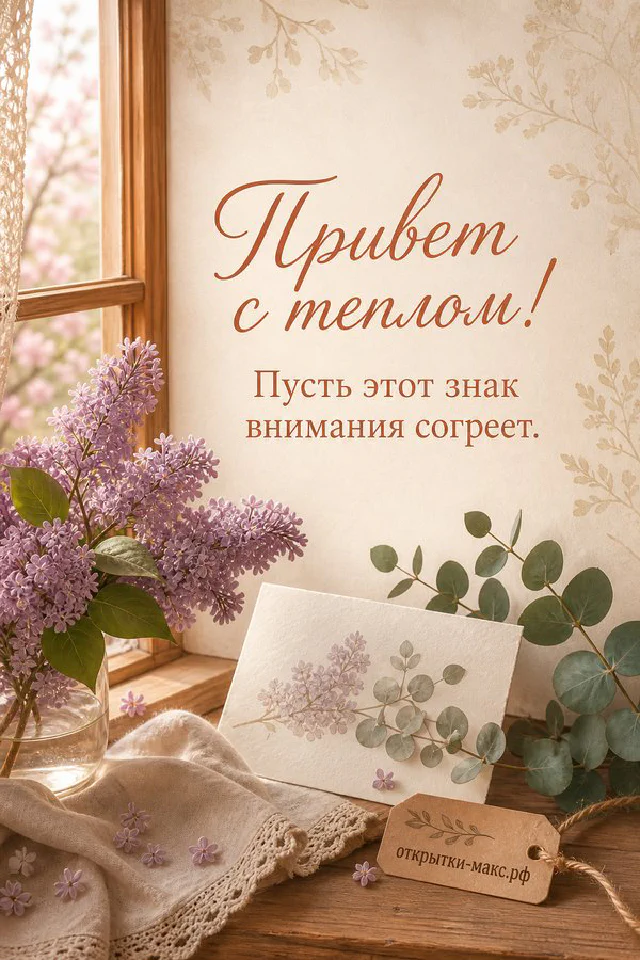 Подснежники и крокусы рядом с белой карточкой, открытка «Привет с теплом» — вариант 2