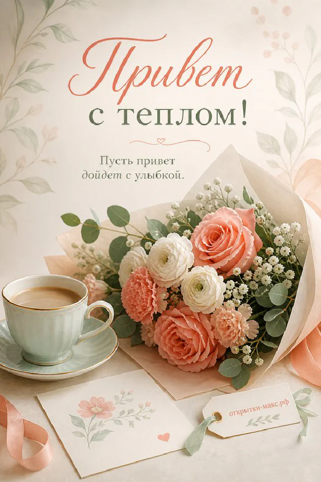 Ромашки и васильки на синей ткани, открытка с надписью «Привет с теплом» — вариант 4