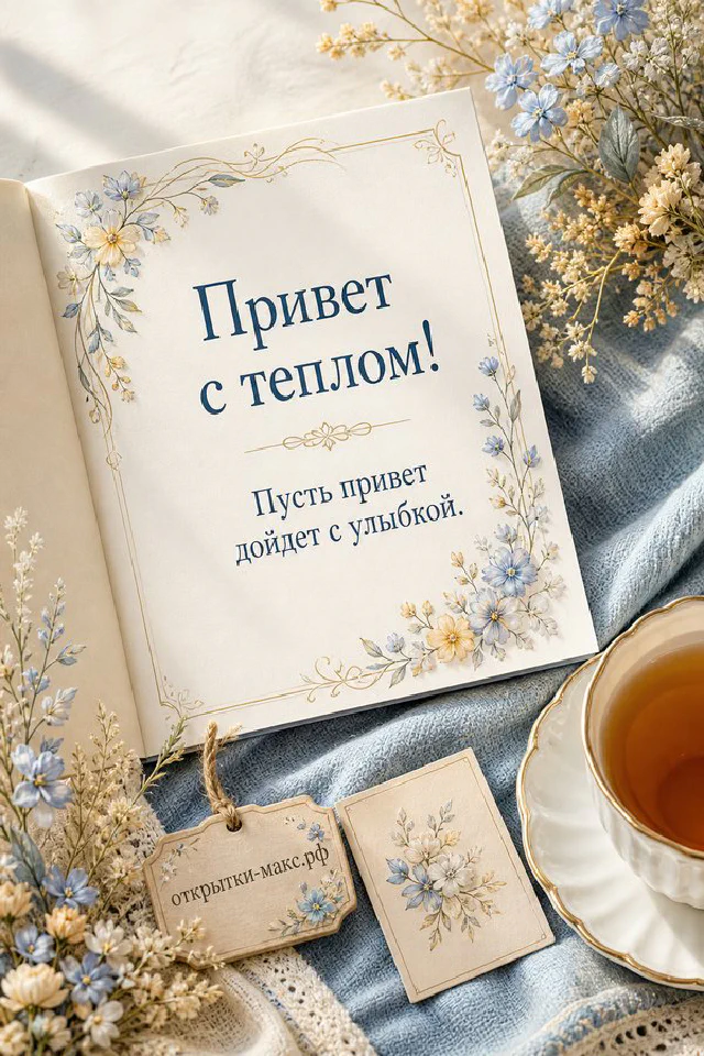 Ромашки и васильки на синей ткани, открытка с надписью «Привет с теплом» — вариант 5
