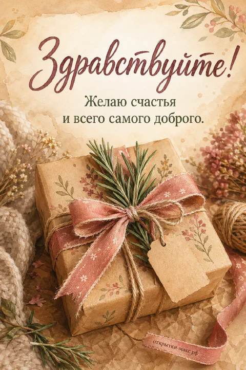 Подарочная коробка в крафтовой бумаге с веточкой розмарина, розовым атласным бантом и крафтовой биркой на вязаном светлом фоне