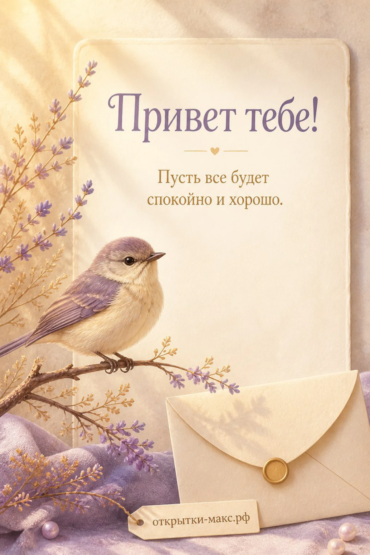Маленькая серо-голубая птичка на ветке с лавандой рядом с конвертом, надпись «Привет тебе»