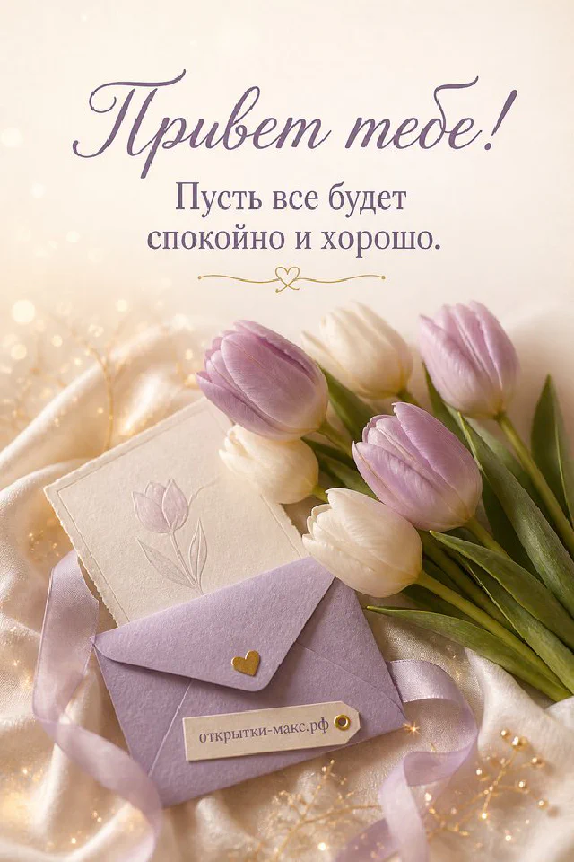 Маленькая серо-голубая птичка на ветке с лавандой рядом с конвертом, надпись «Привет тебе» — вариант 2