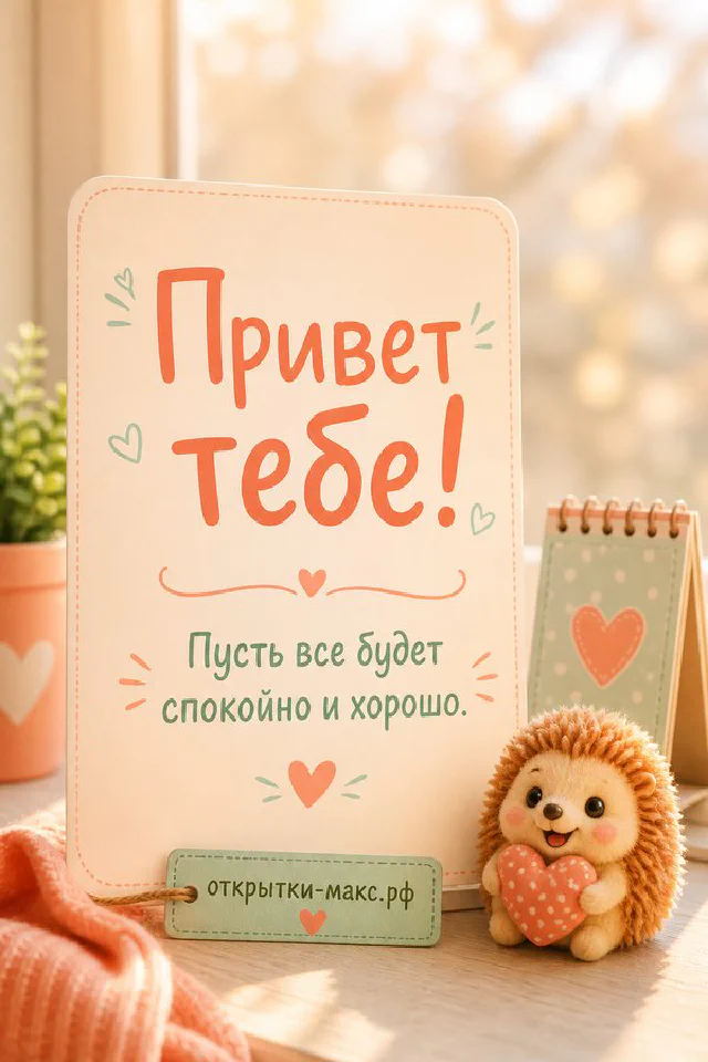 Маленькая серо-голубая птичка на ветке с лавандой рядом с конвертом, надпись «Привет тебе» — вариант 3