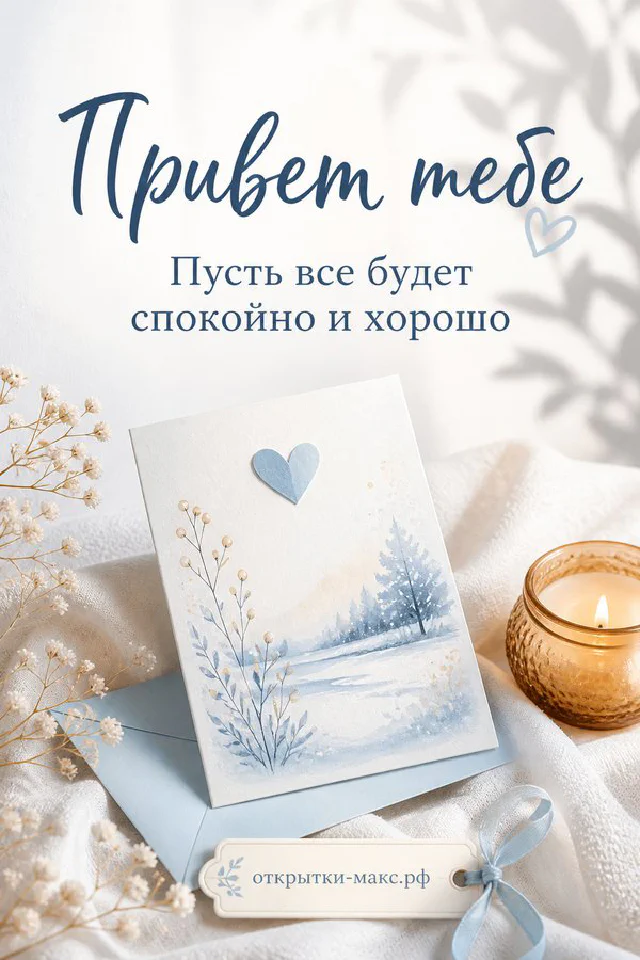 Маленькая серо-голубая птичка на ветке с лавандой рядом с конвертом, надпись «Привет тебе» — вариант 7