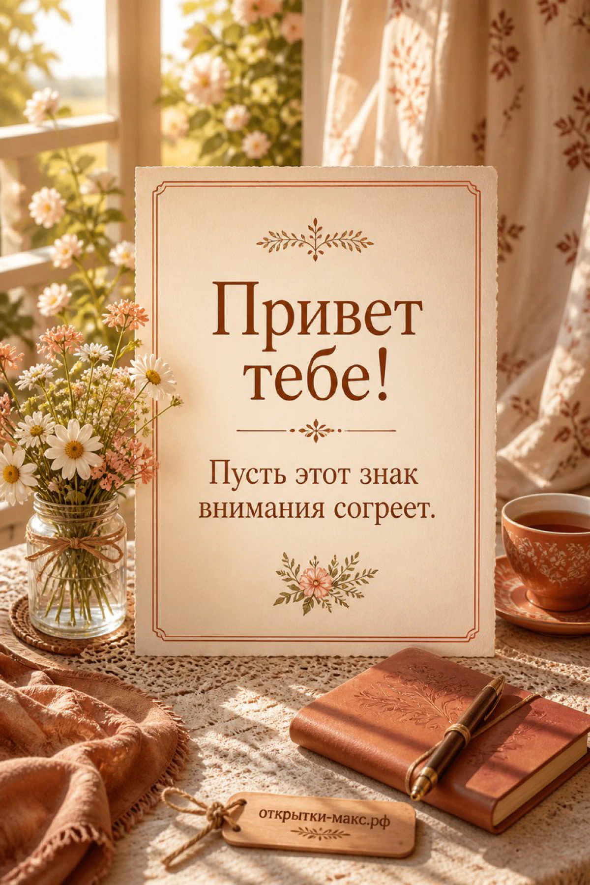 Открытка Привет тебе на столе у окна с ромашками в вазе и книгой в солнечном свете