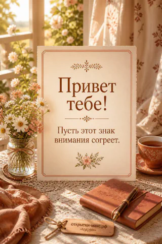 Открытка Привет тебе на столе у окна с ромашками в вазе и книгой в солнечном свете