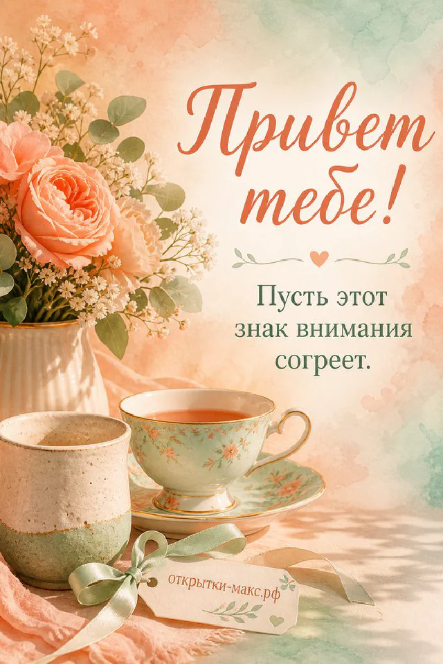 Открытка Привет тебе на столе у окна с ромашками в вазе и книгой в солнечном свете — вариант 4