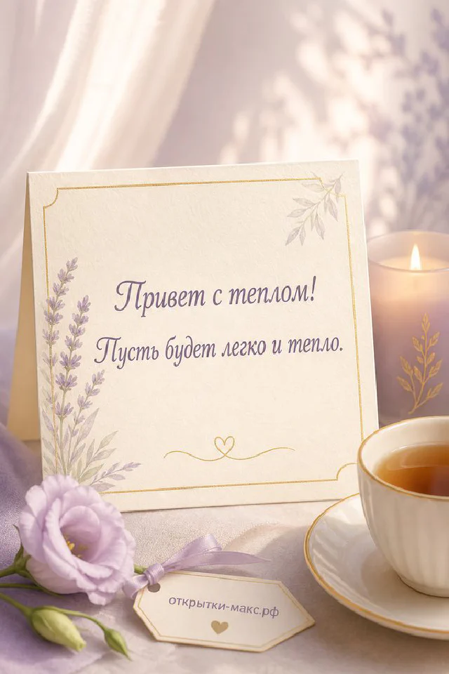 Чашка кофе с блюдцем рядом с розовым конвертом и сухоцветами в розово-золотой рамке с надписью «Привет с теплом» — вариант 2