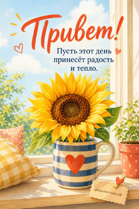 Акварельный большой подсолнух в синей полосатой кружке с красным сердечком на подоконнике с клетчатыми подушками и горшком с зеленью