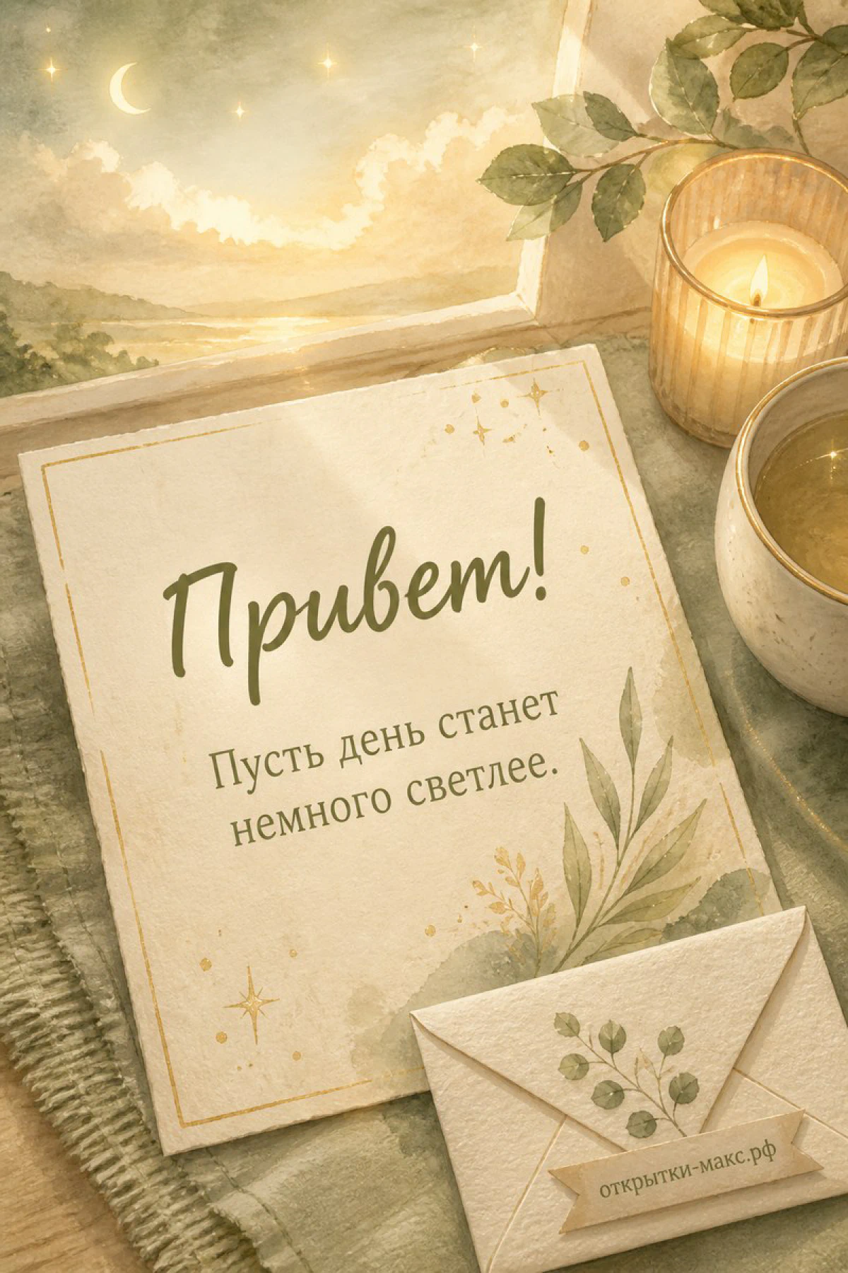 Открытка «Привет» с растительным узором лежит рядом со свечой и конвертом, акварельный пейзаж с луной