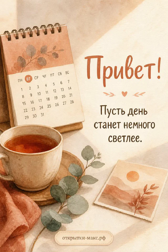 Открытка «Привет» с растительным узором лежит рядом со свечой и конвертом, акварельный пейзаж с луной — вариант 2