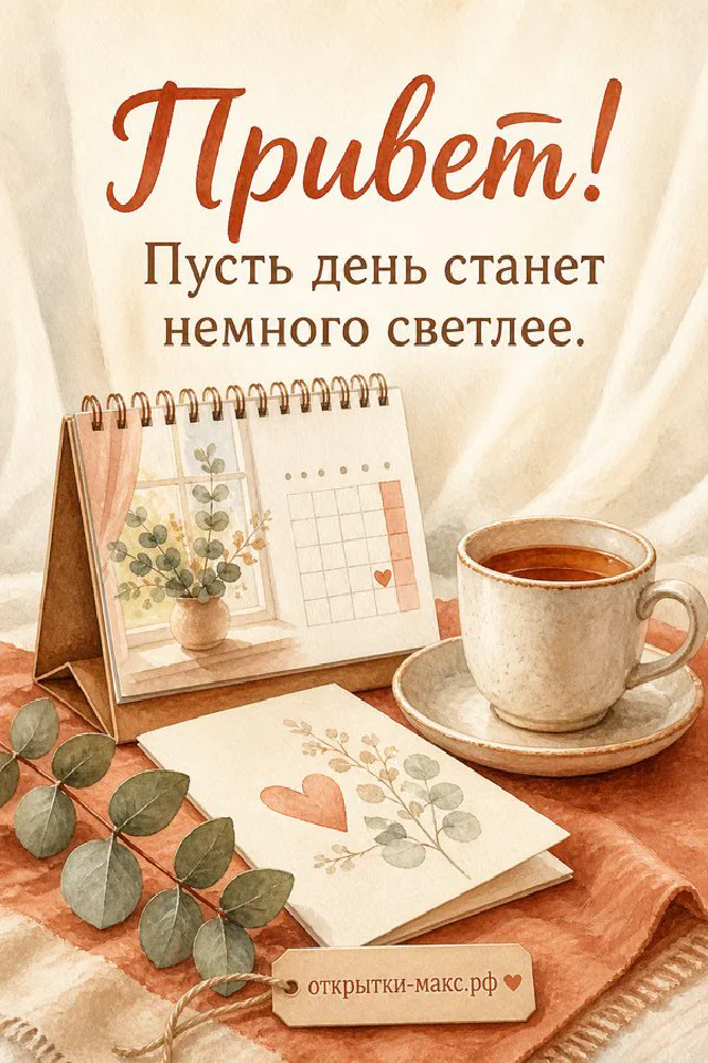Открытка «Привет» с растительным узором лежит рядом со свечой и конвертом, акварельный пейзаж с луной — вариант 3