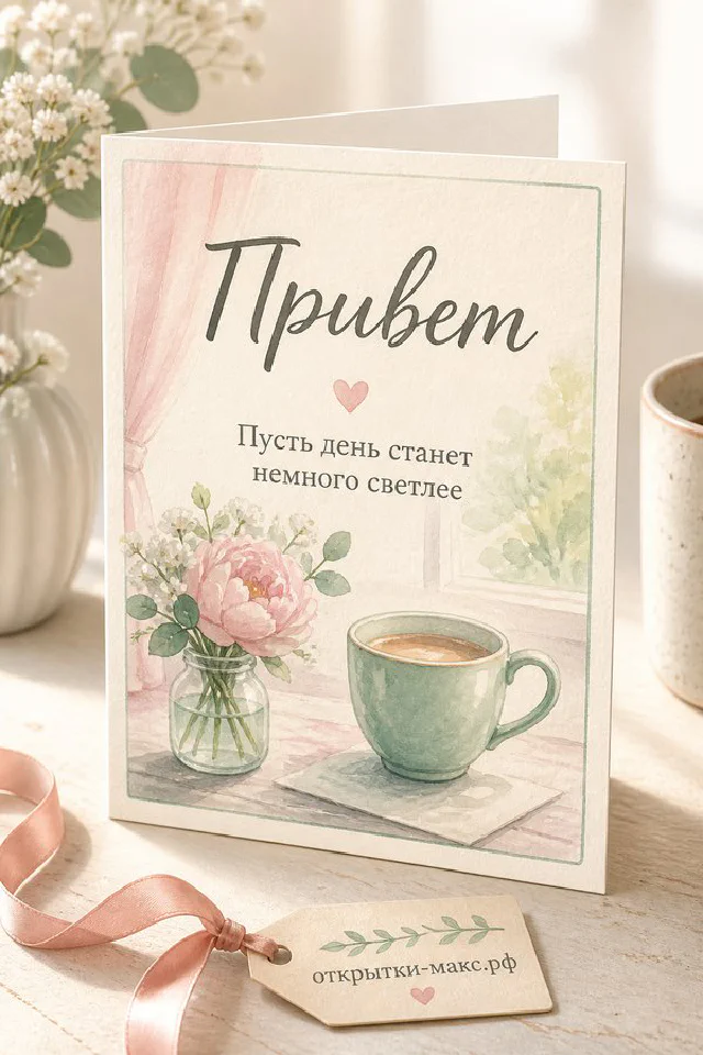 Открытка «Привет» с растительным узором лежит рядом со свечой и конвертом, акварельный пейзаж с луной — вариант 4