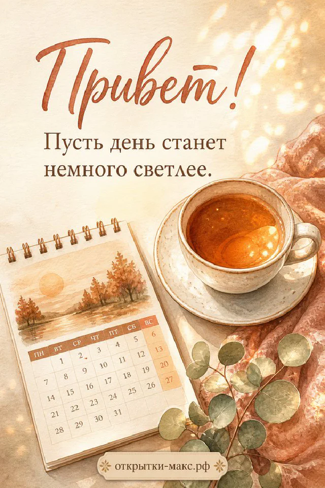 Открытка «Привет» с растительным узором лежит рядом со свечой и конвертом, акварельный пейзаж с луной — вариант 5