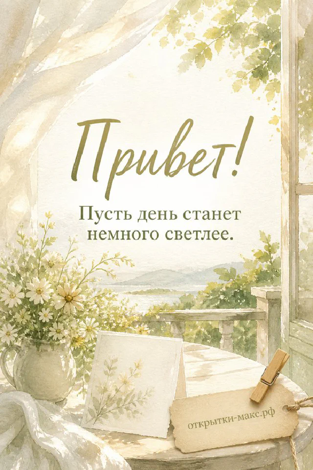 Открытка «Привет» с растительным узором лежит рядом со свечой и конвертом, акварельный пейзаж с луной — вариант 6